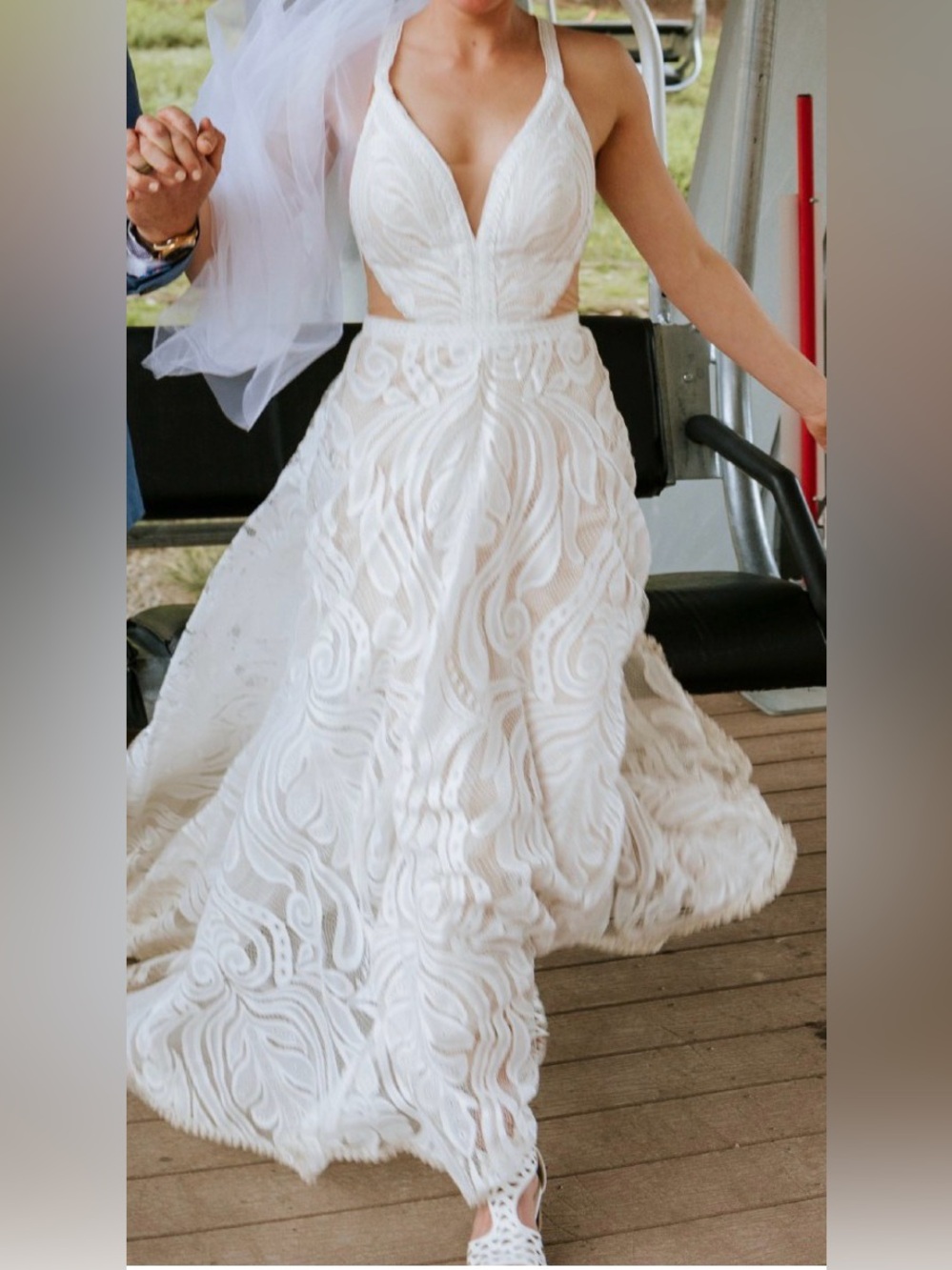 Plunging V Ivory Lace Wedding Gown with Textured Swirl Skirt